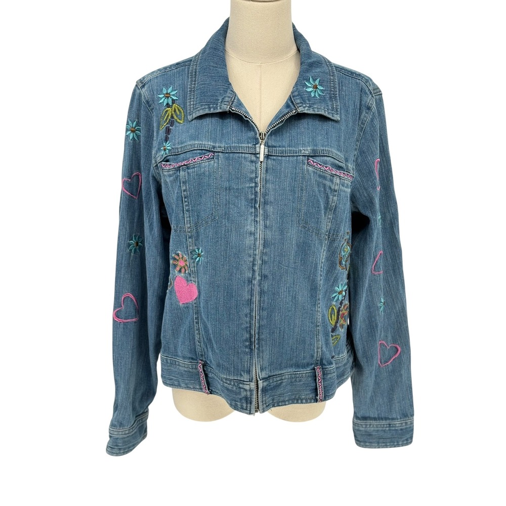 Christopher & Banks Denim Jacket Blue Vintage 2006 Embroidered Floral Heart L